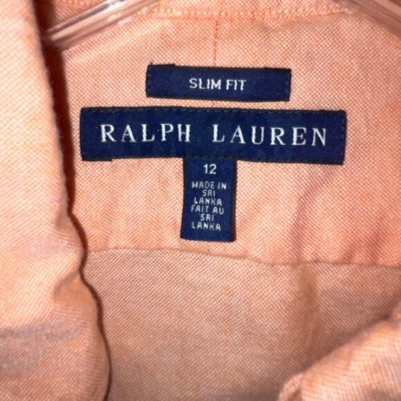 Ralph Lauren Slim Fit Boys Size 12 Peach Long Sleeve Button Down Colored Pony - Picture 2 of 4